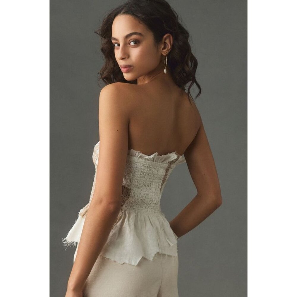 by Anthropologie Strapless Womens Large Smocked Peplum Asymmetric Hem Top White - Picture 2 of 11